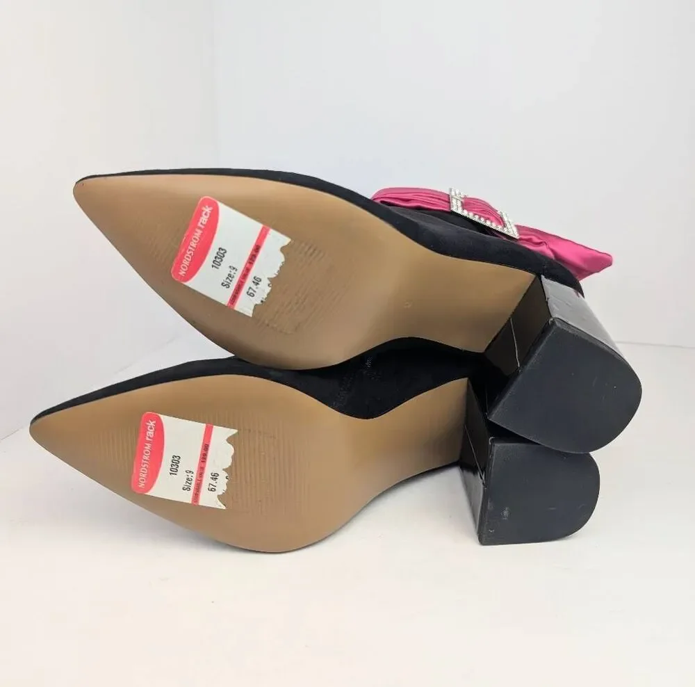 Betsey Johnson Millburn Black & pink rhinestone buckle pointed toe bootie boot 9